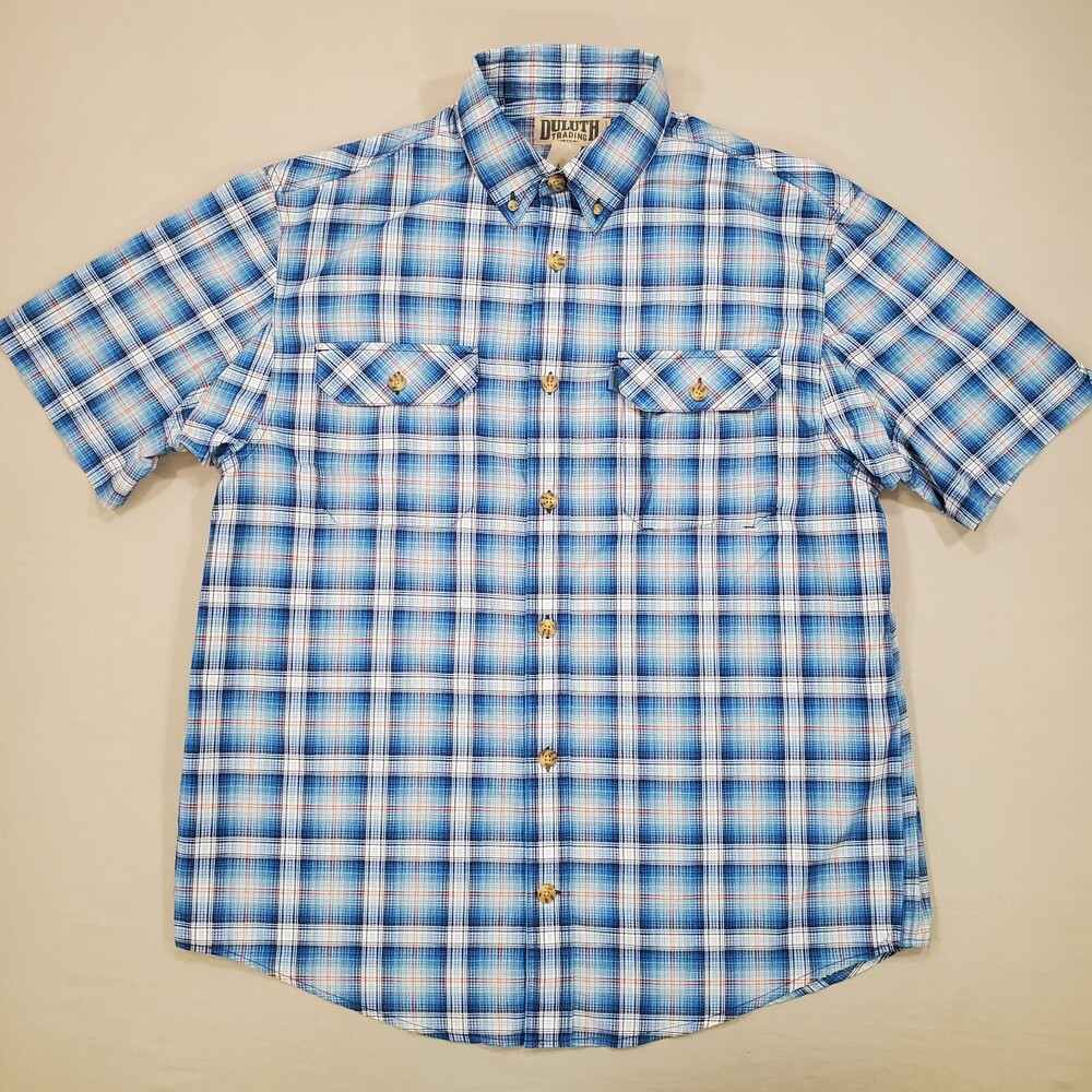 Duluth Trading Shirt Men Large Standard Fit Blue Plaid Button Down Outdoors